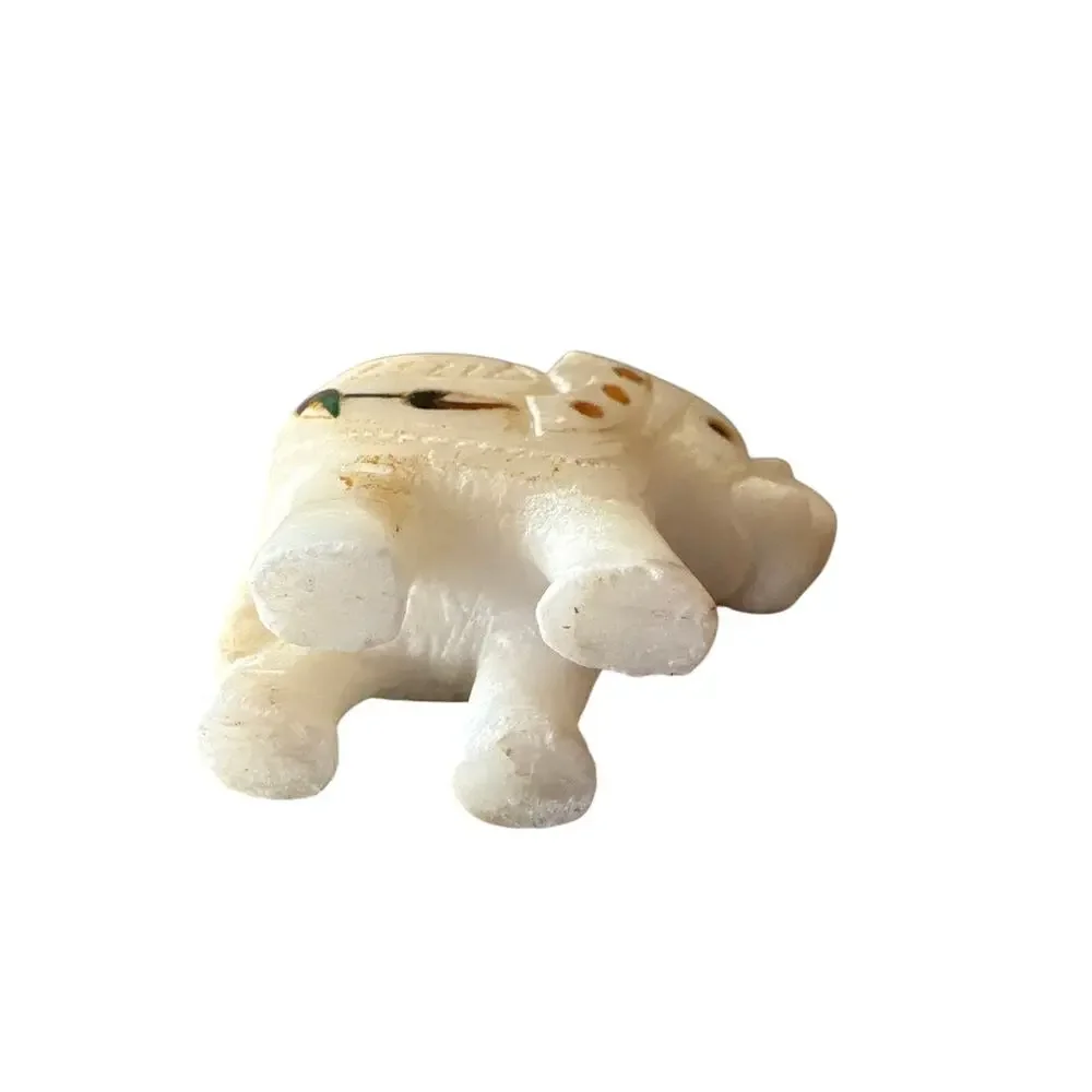 Hand Carved Stone Lucky Elephant Figurine Floral Inlay Marble Alabaster 2” VTG